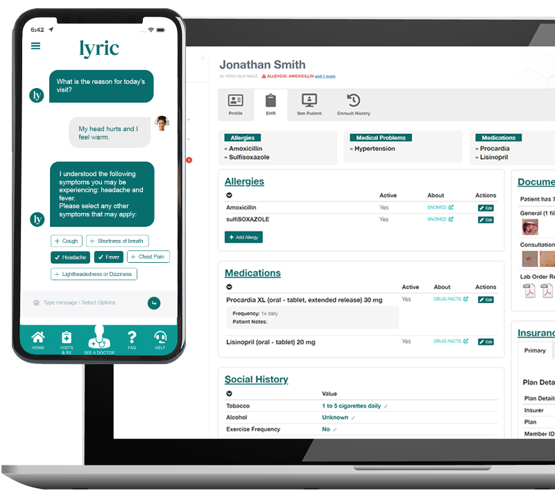 Lyric platform showing a mobile symptom-checker chat alongside a clinician EHR dashboard with allergies, medications, and social history