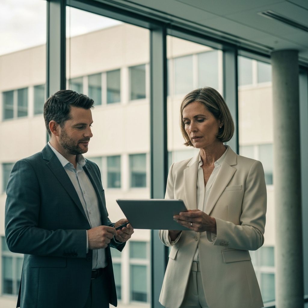 A benefits leader reviewing population health strategy with a colleague in a modern office