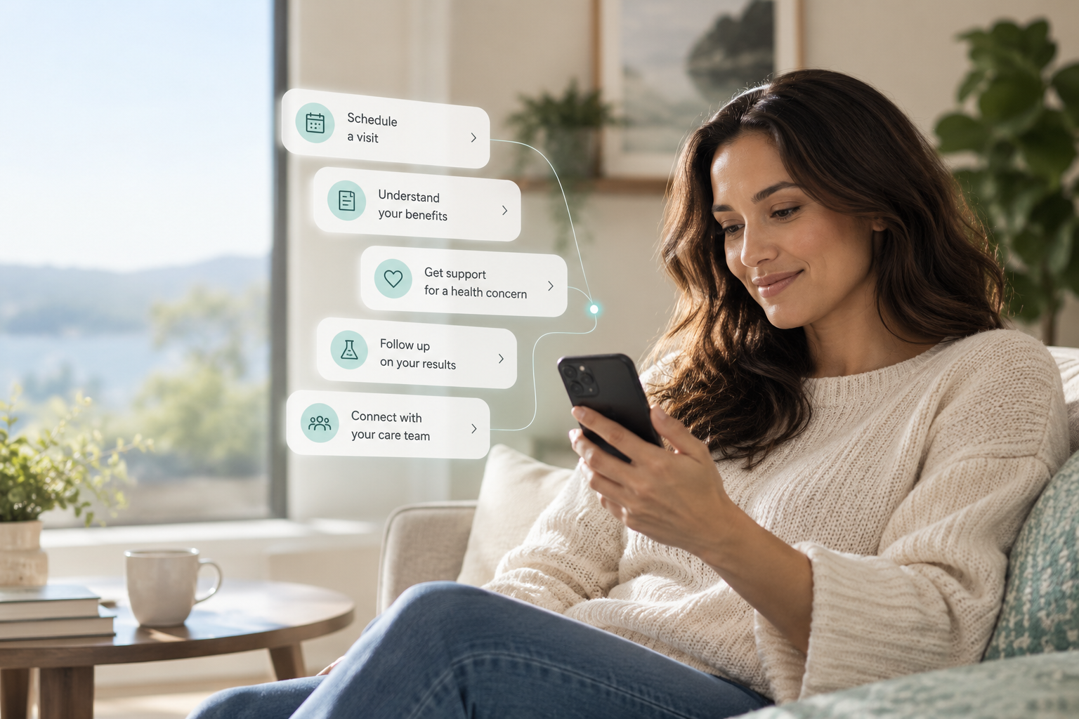 A Lyric member relaxing at home using Grace on her phone, with callouts to schedule a visit, understand benefits, get support, follow up on results, and connect with her care team