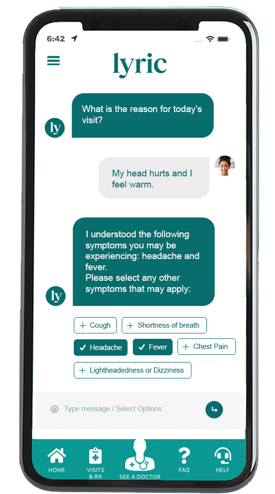 Grace triaging a member's headache and fever symptoms inside the Lyric mobile app