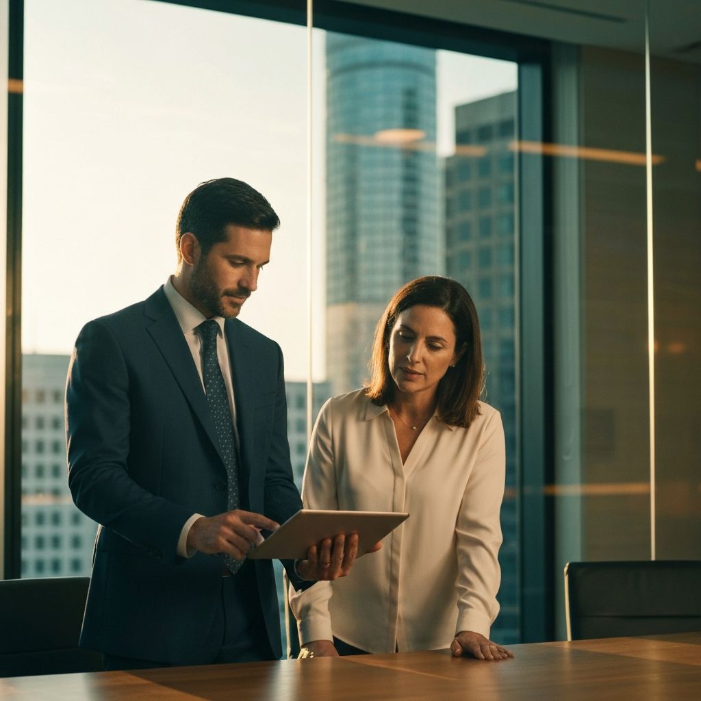 Health plan executives reviewing care coordination strategy on a dashboard tablet in a modern boardroom