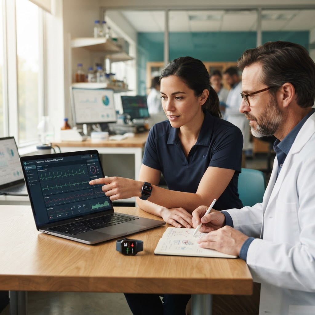 A product engineer and a clinician reviewing wearable health signal data on a laptop in a modern health-tech lab