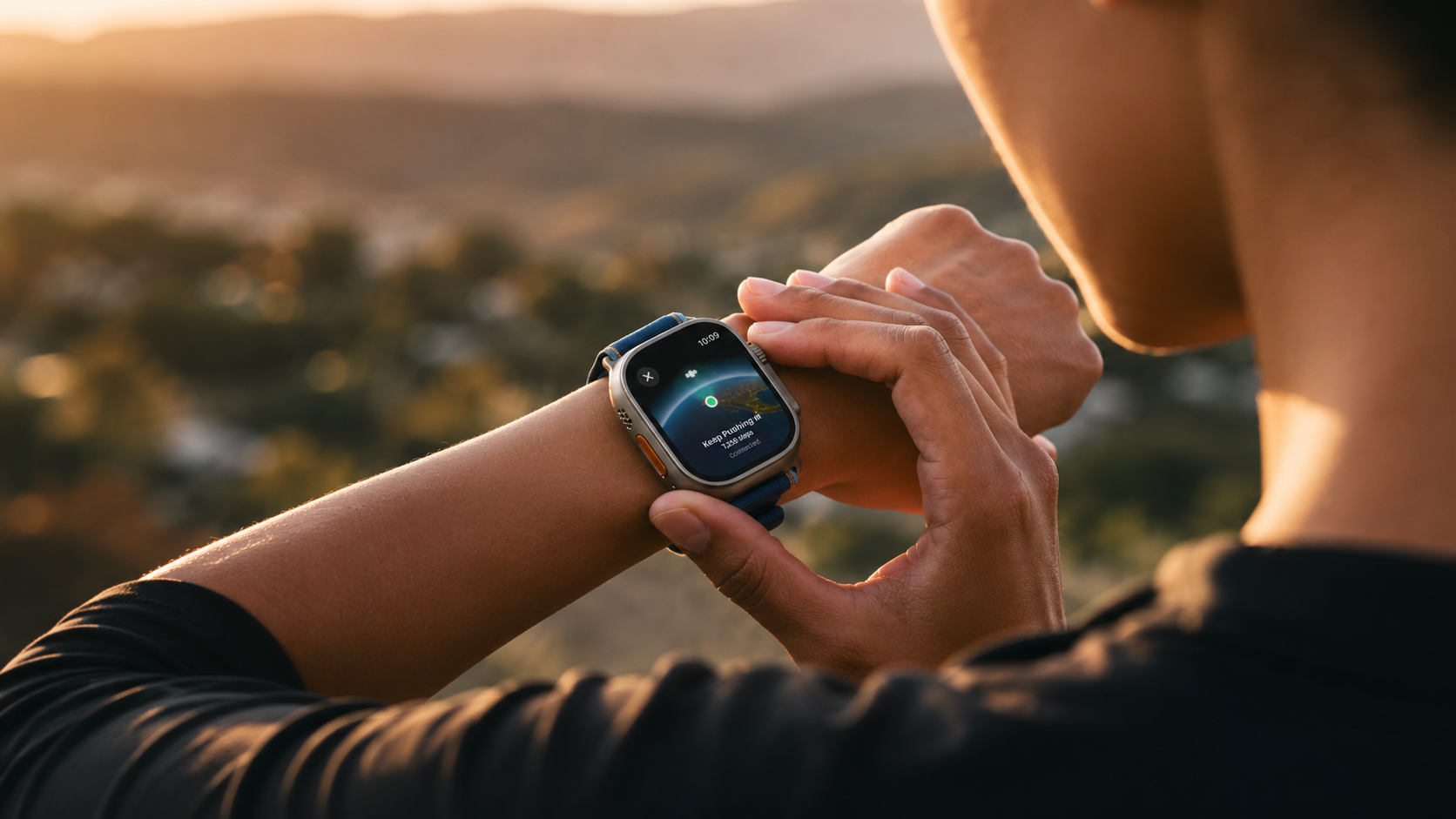 A person checking their health and activity on a smartwatch outdoors at sunset