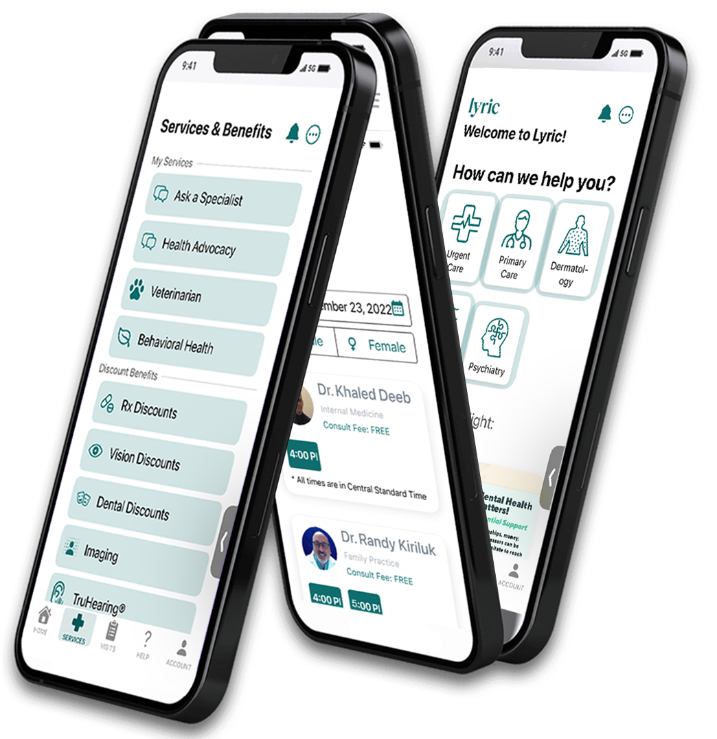 Three white-label mobile app screens shown on iPhones, each branded for a different partner