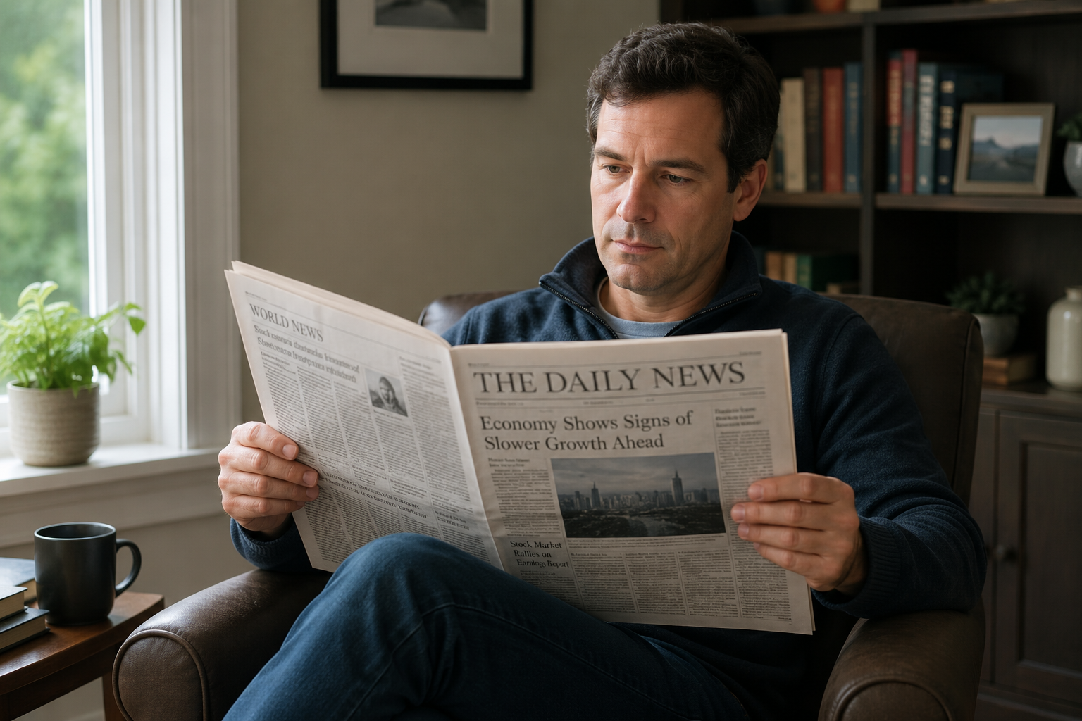 A man reading a printed newspaper in a cozy home study