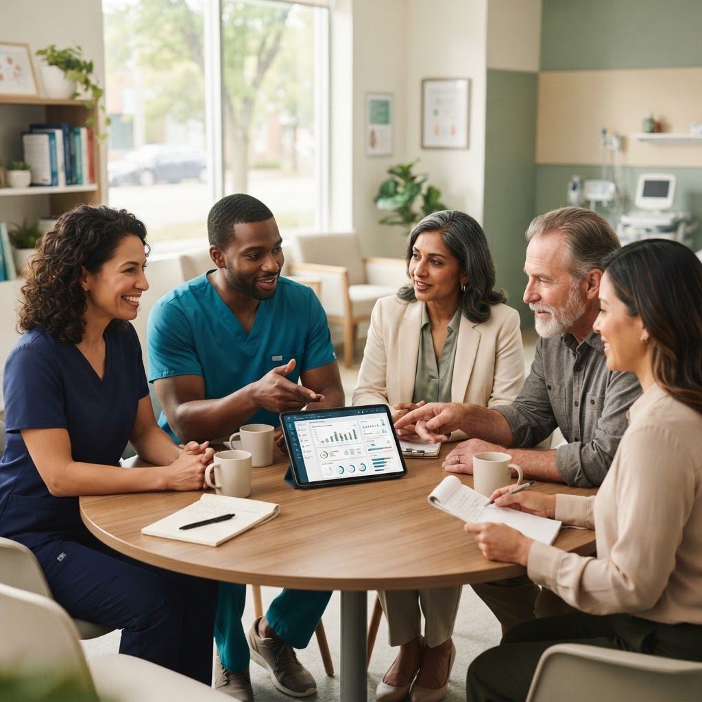 Healthcare professionals and partners collaborating around a connected care dashboard