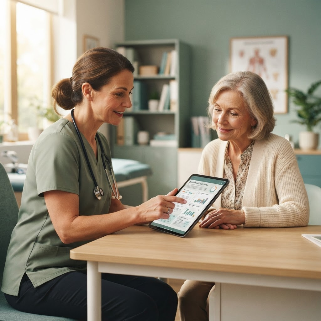 A specialist clinician reviewing a personalized treatment plan on a tablet with a patient