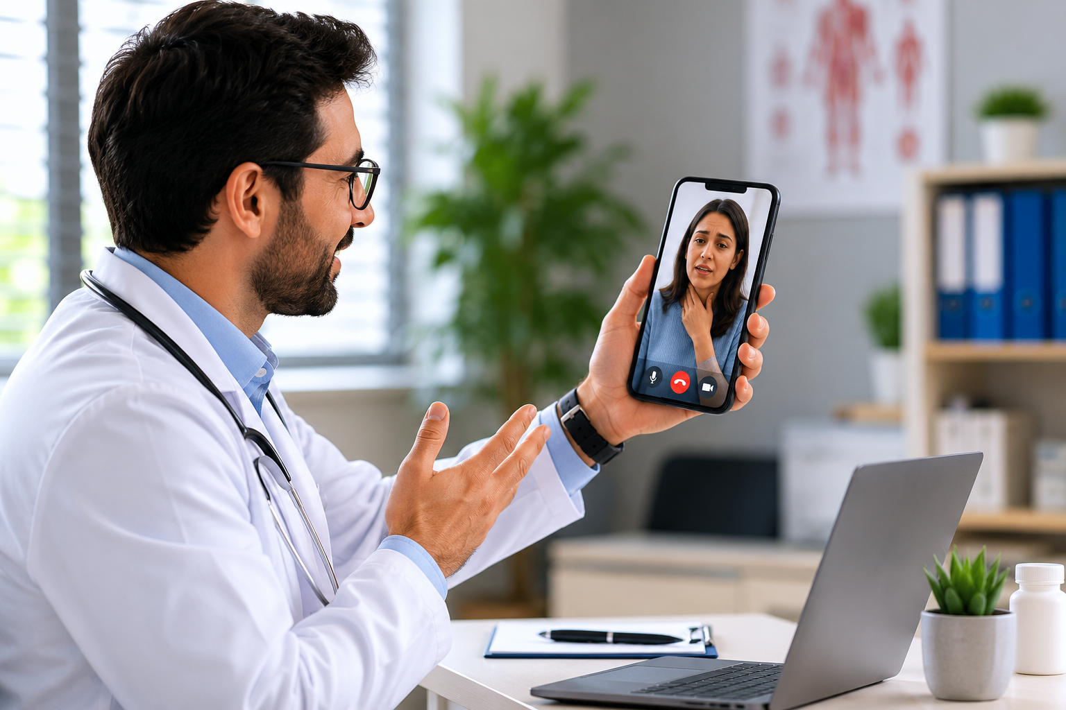 A Lyric physician conducting a virtual visit with a member over a video call on a smartphone