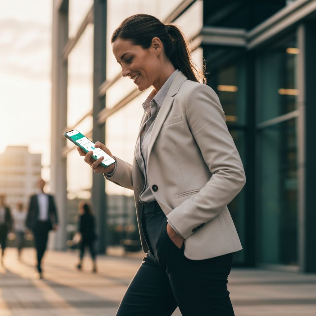 A professional walking through a modern business district, starting a virtual visit on her phone with the Lyric care app
